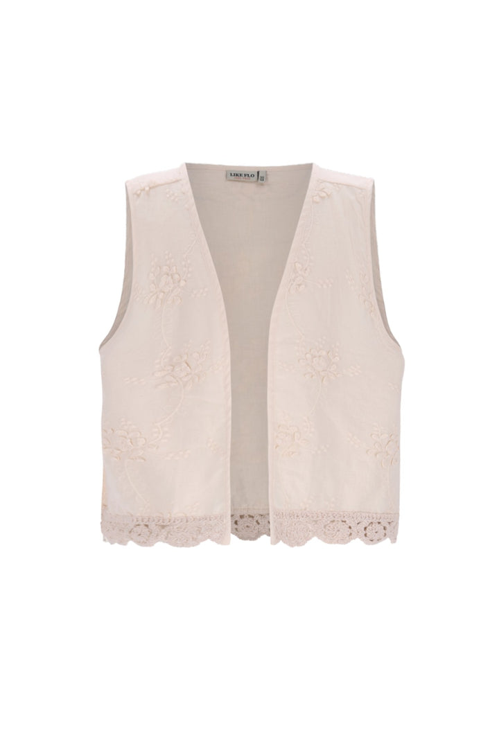 Front view of the girls embroidered vest Dafne in creme white