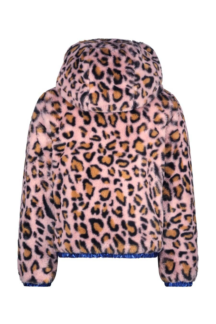 Back view of the pink jacket with leopard print pattern on a white background