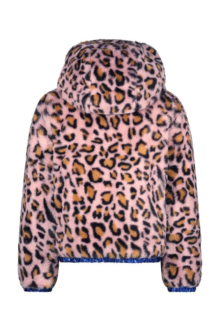 Back view of the pink jacket with leopard print pattern on a white background