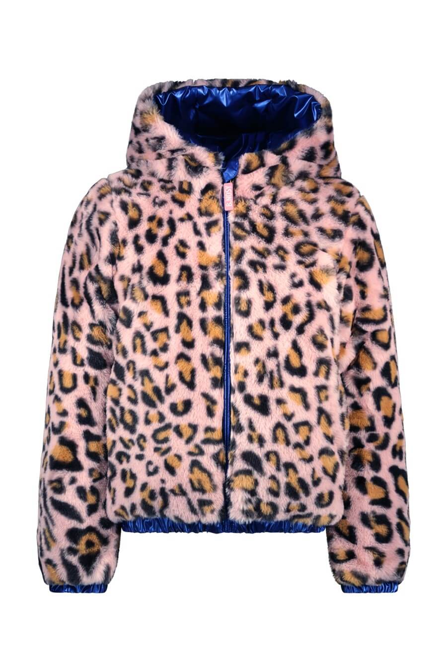 Leopard print jacket with blue lining on a white background