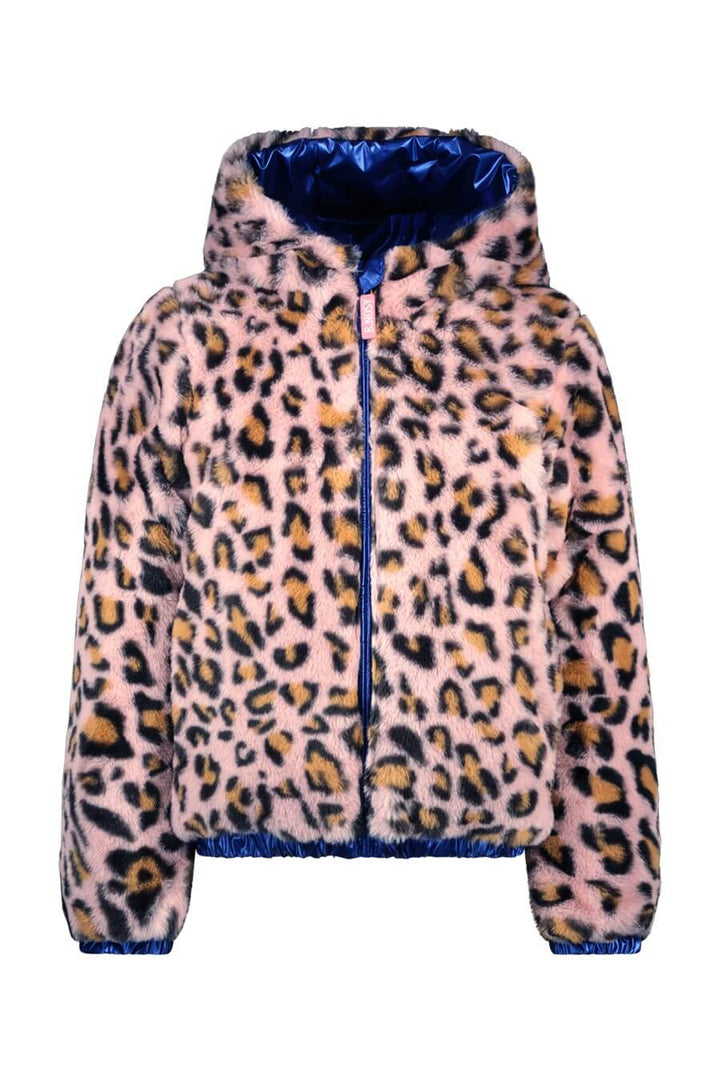 Leopard print jacket with blue lining on a white background