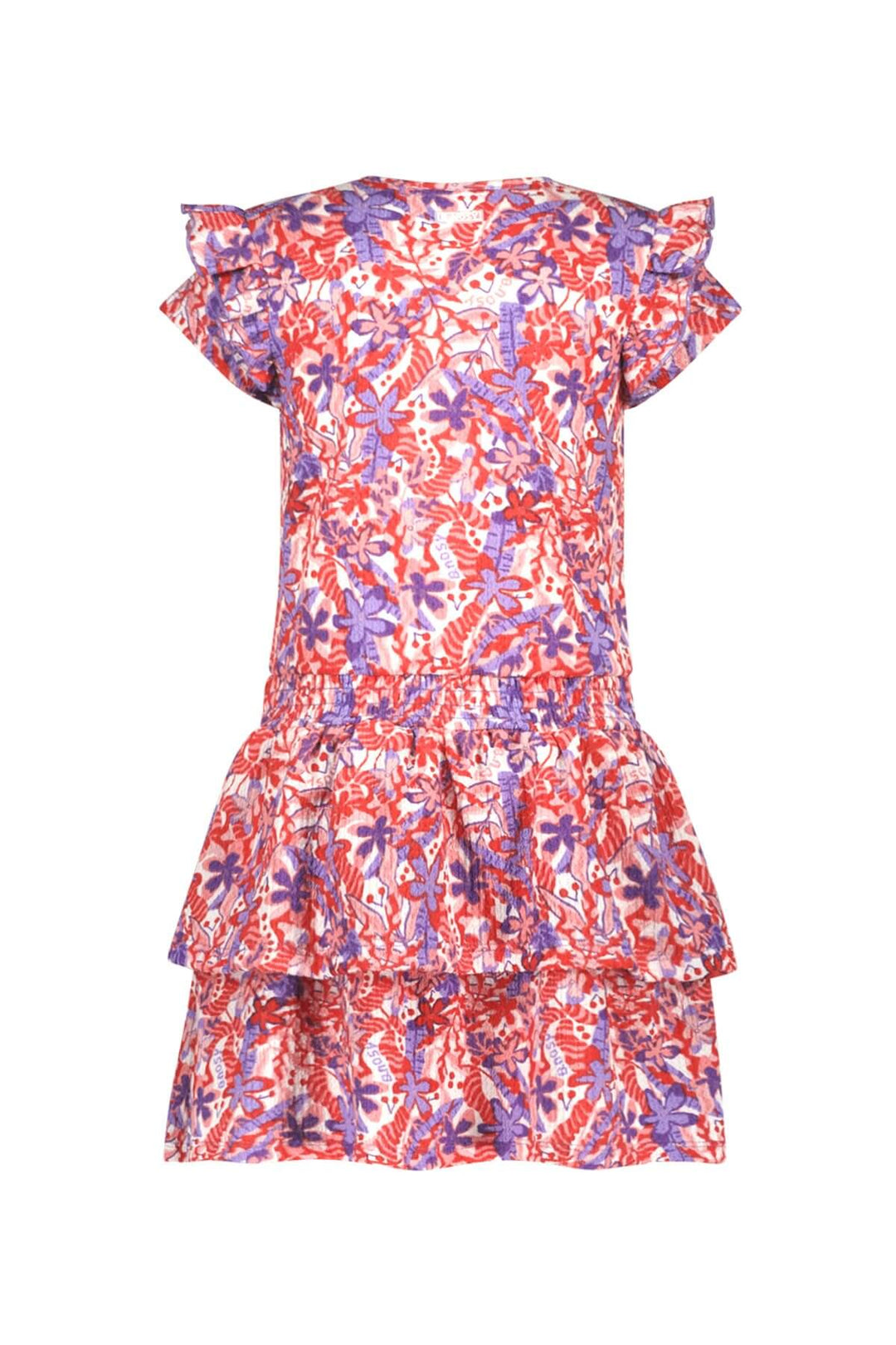 Back view of the floral dress Delphi with ruffled sleeves and layers on a white background