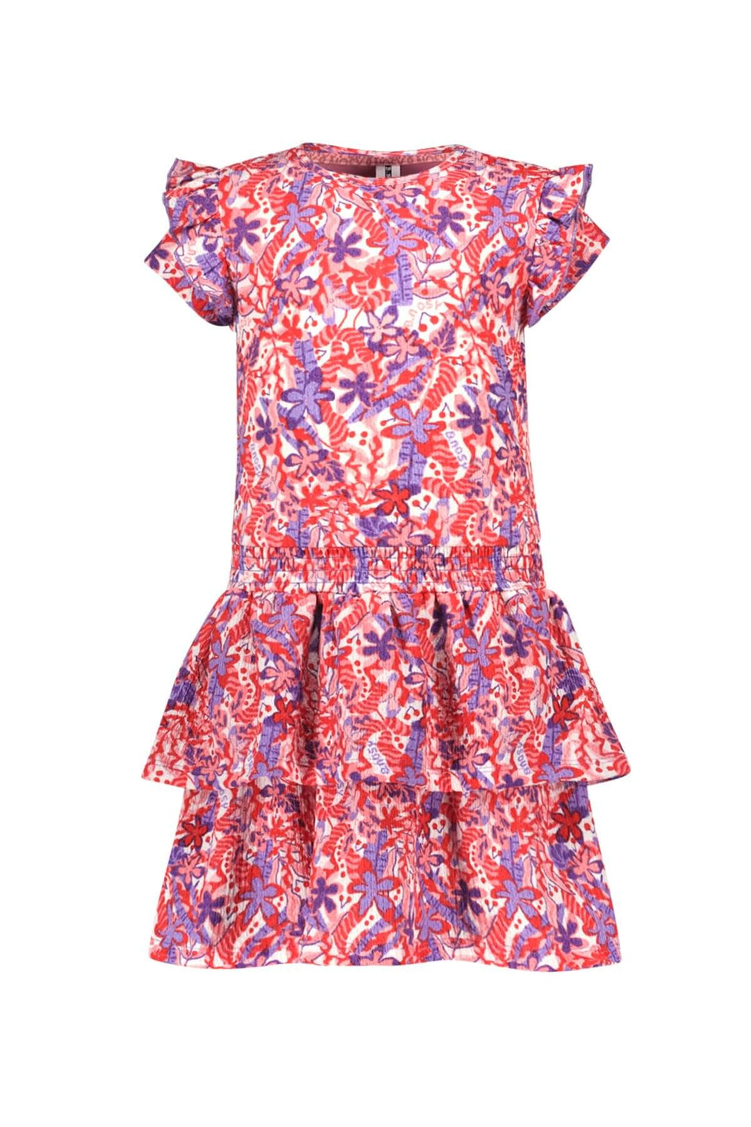 Floral dress Delphi with ruffled layers on a white background