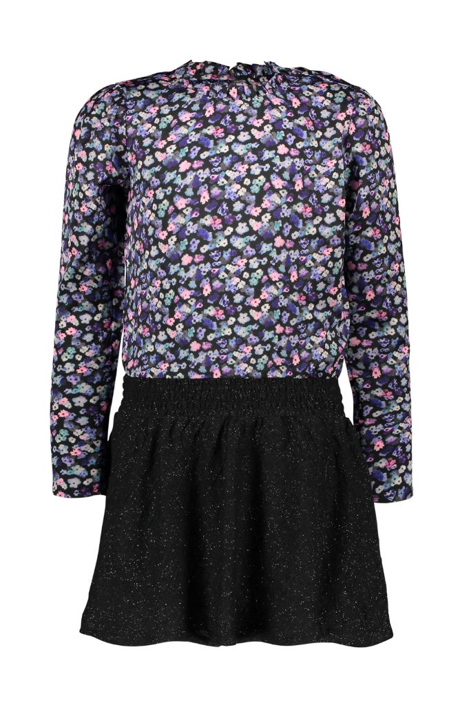 Floral Party Dress with Long Sleeves and Glitter Skirt | Front View