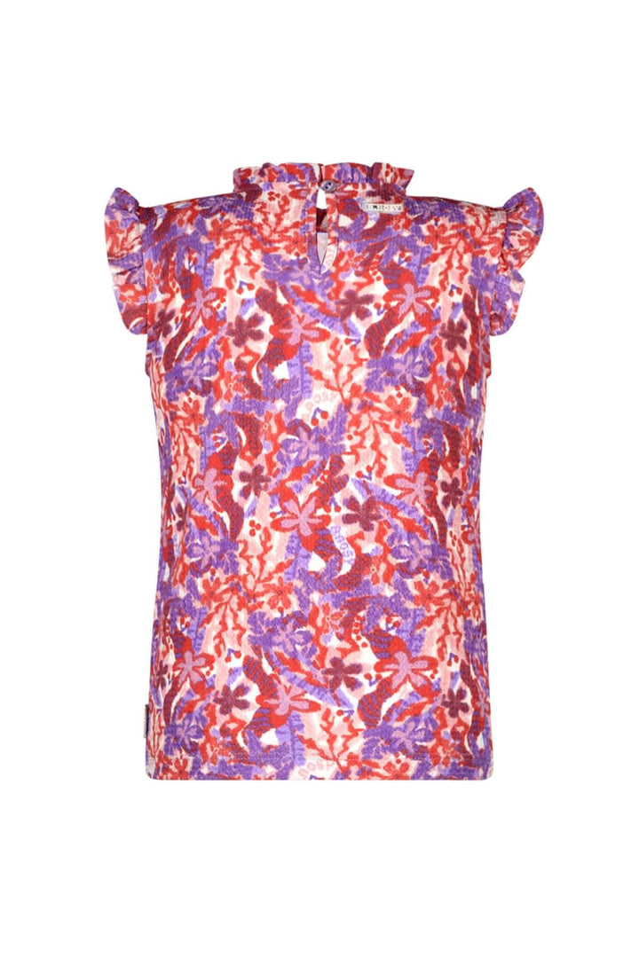 Back view of the floral patterned top Tamar with ruffled shoulders on a white background