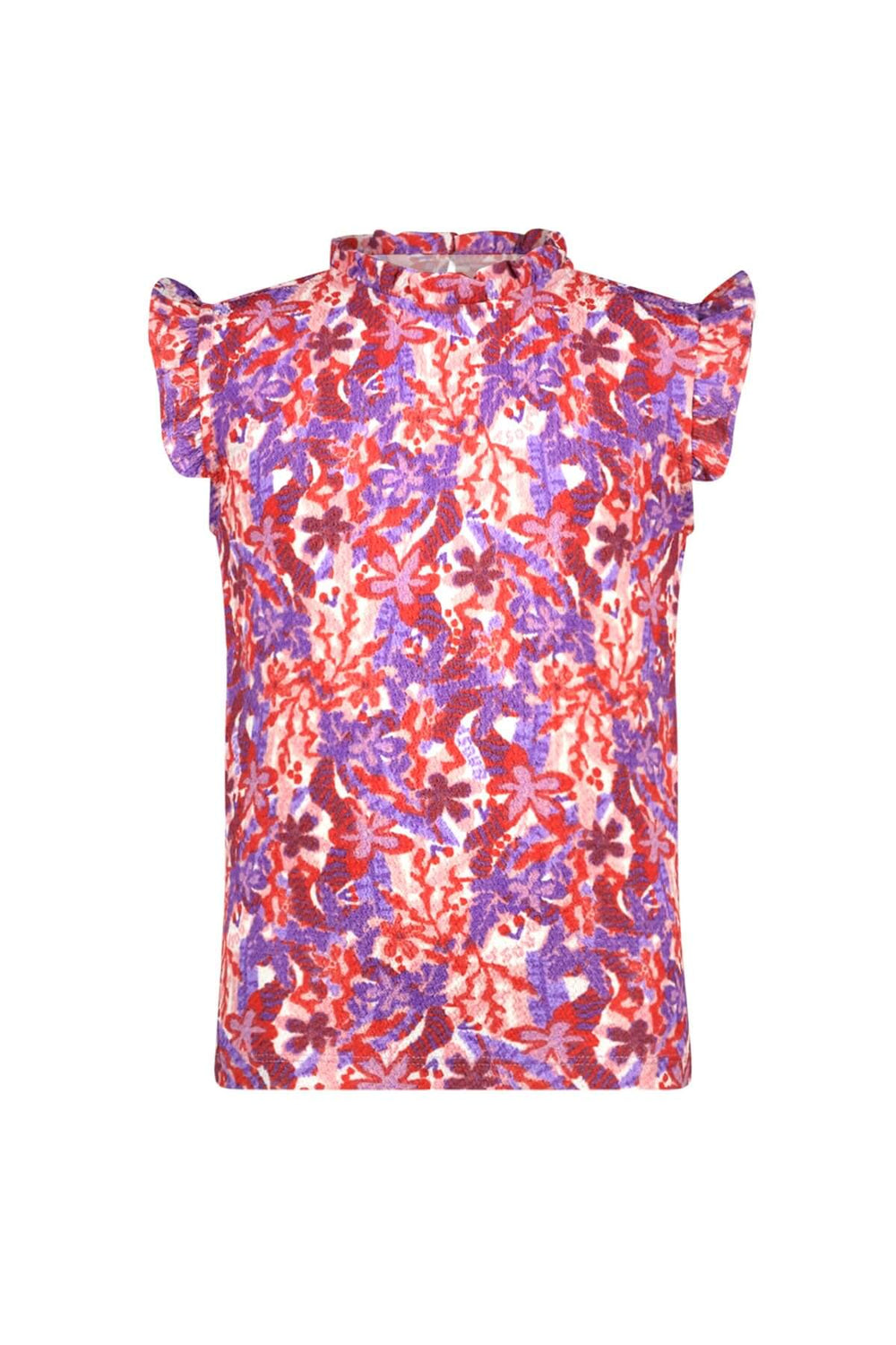 Floral patterned top Tamar with ruffled shoulders on a white background