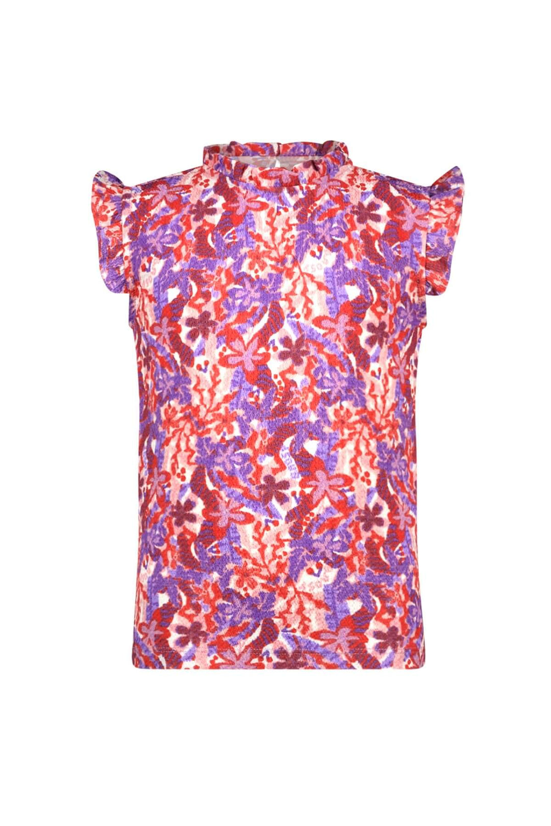 Floral patterned top Tamar with ruffled shoulders on a white background