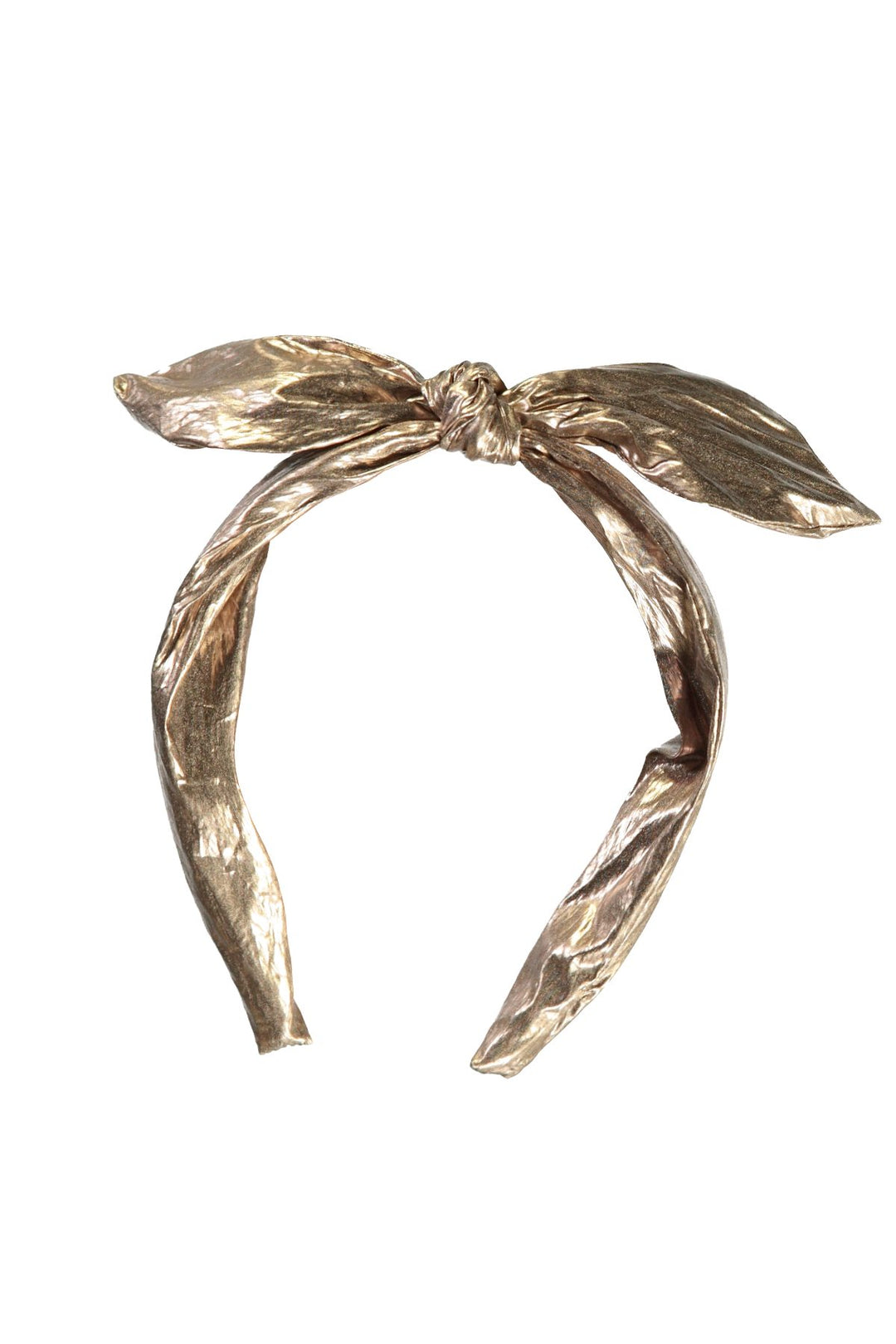 A metallic gold twisted ribbon headband tied in a bow at the top.