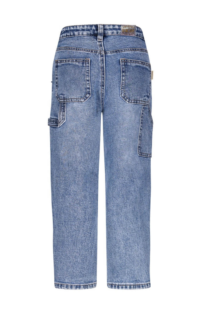 Back view of the blue jeans on a white background