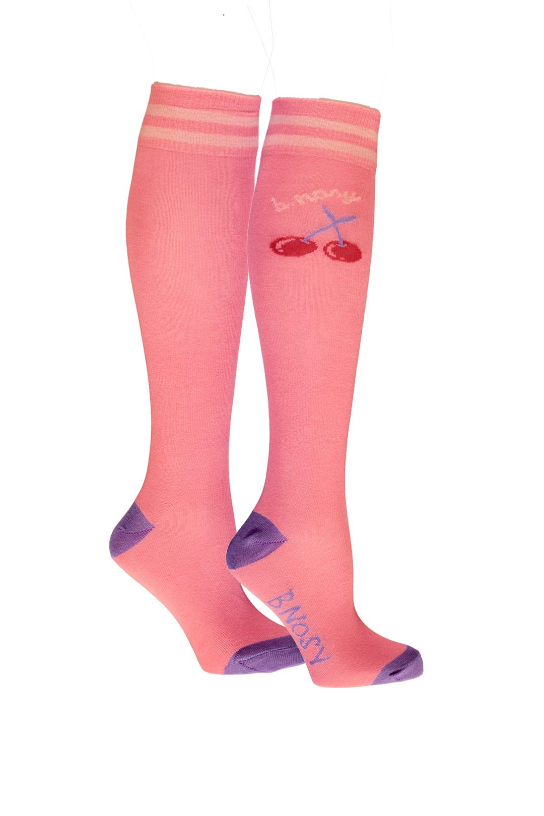 Pink girls knee-high socks with cherry design and text on a white background