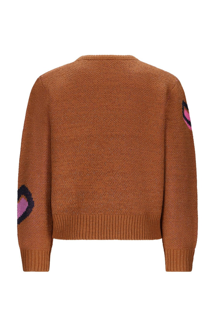Back view of the brown jumper with heart designs on sleeves on a white background