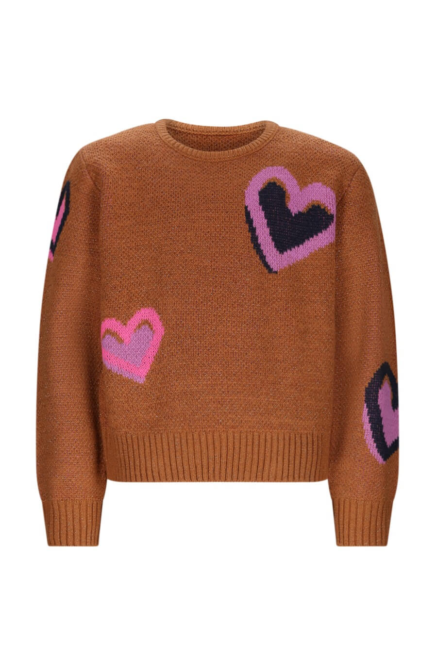 Brown jumper with pink and purple heart patterns on a white background