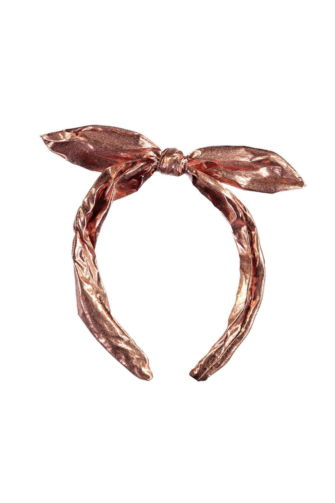 A metallic rose headband with a knot in the center, on a white background.