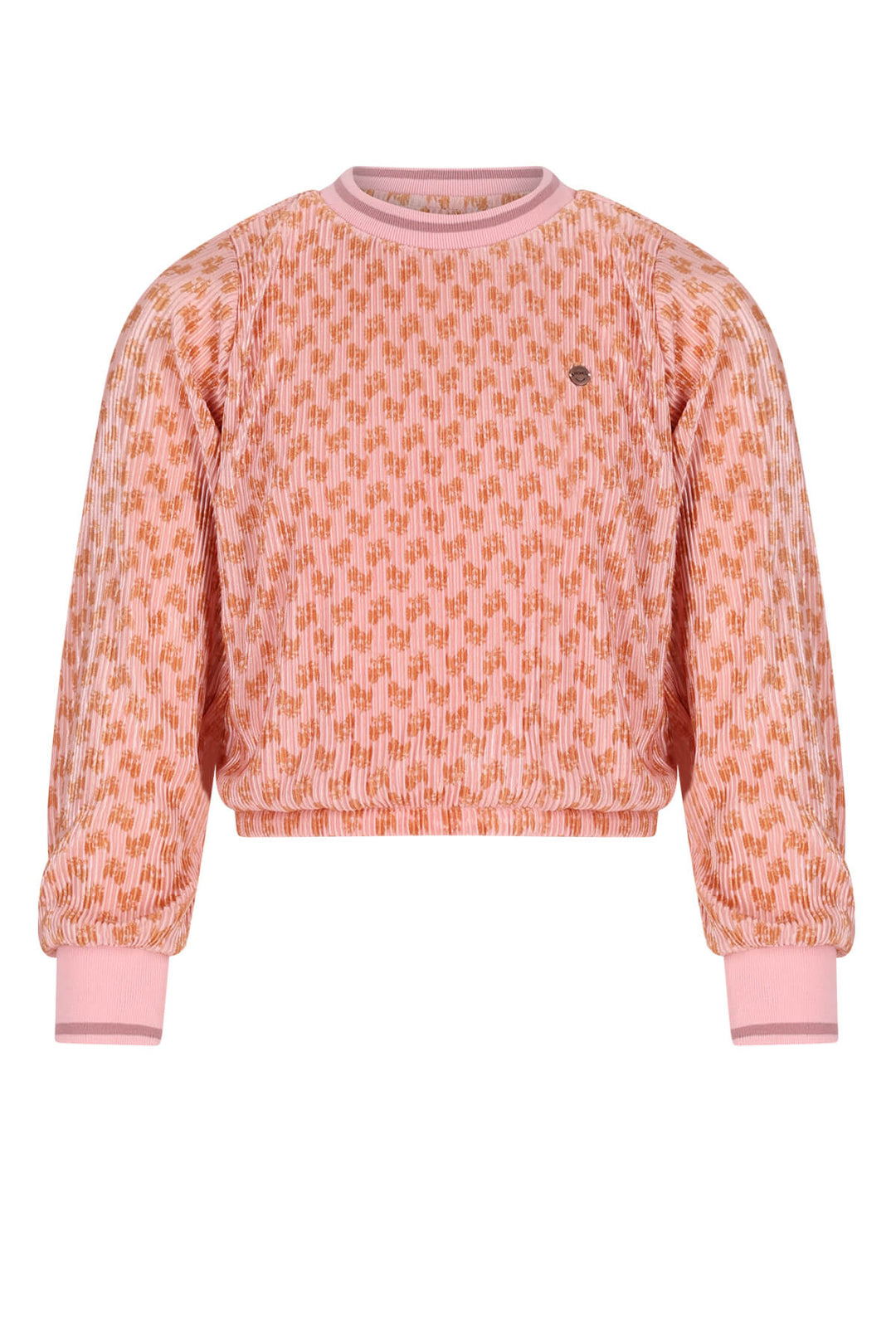 A pink and orange patterned long-sleeve blouse with solid pink ribbed cuffs and collar, displayed on a clean white background.