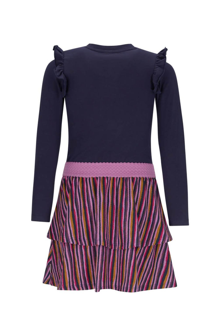 Back view of the navy long-sleeve dress Daphne with a colorful striped skirt on a white background