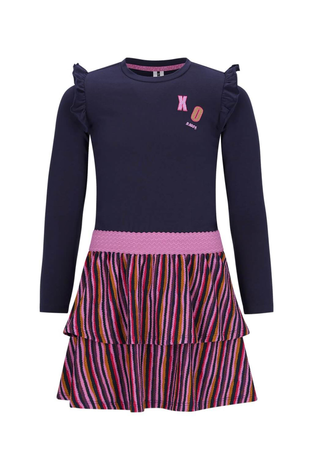Navy blue dress with ruffled shoulders and a colorful striped skirt on a white background