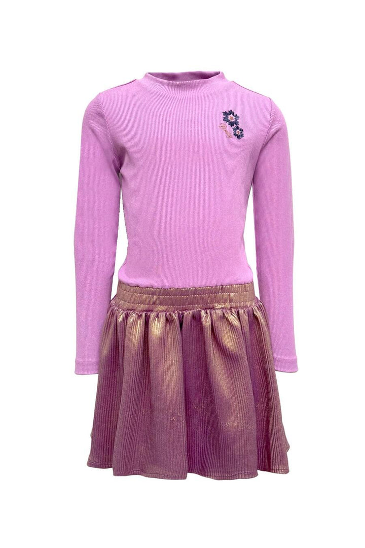 Pink long sleeve dress Donia with a gold skirt on a white background