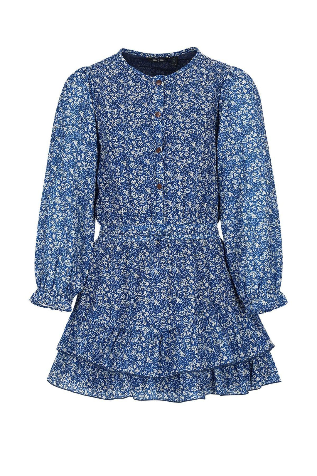 A blue and white floral print long-sleeve blouse with a button-up front and a ruffled tiered hem, shown against a plain white background.