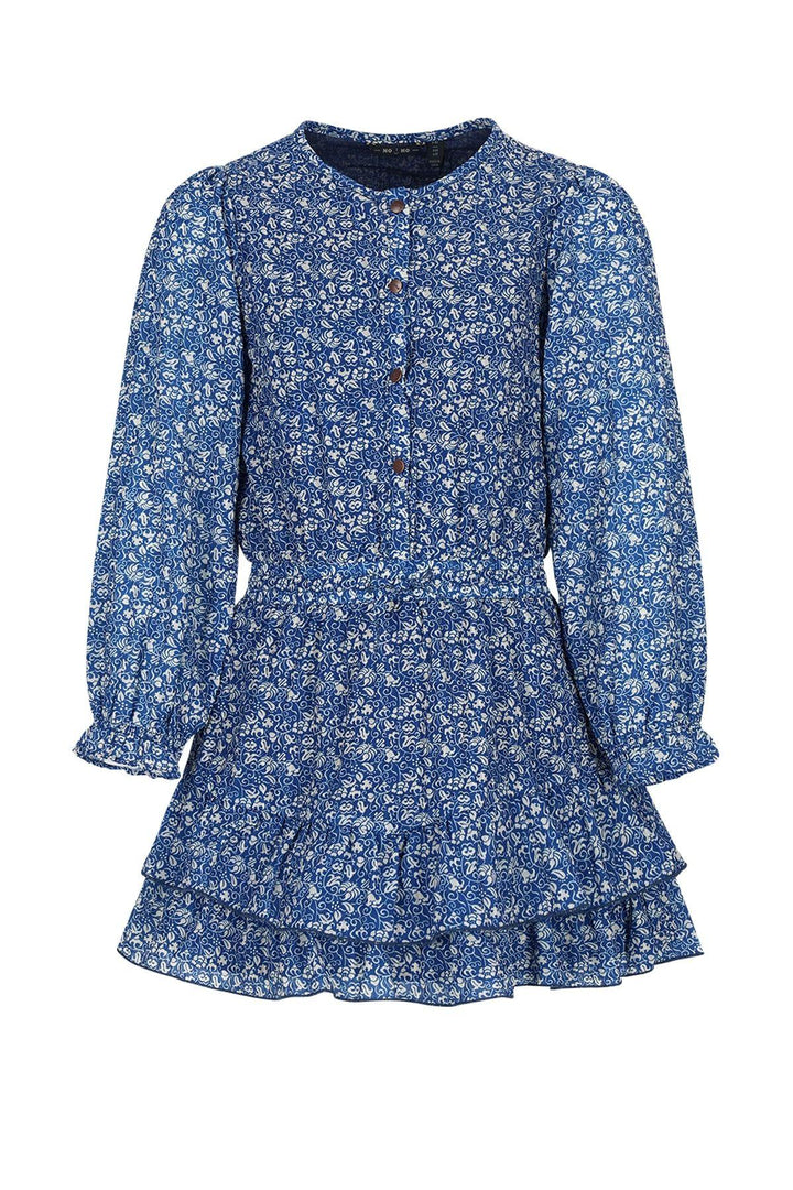 A blue and white floral print long-sleeve blouse with a button-up front and a ruffled tiered hem, shown against a plain white background.