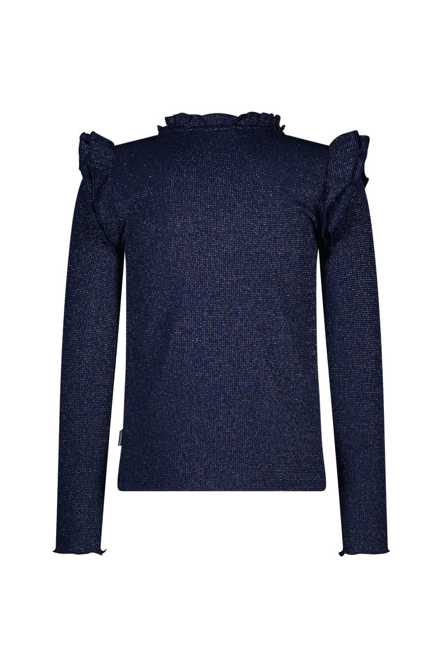 Back view of the navy blue long-sleeve top with ruffled shoulders on a white background