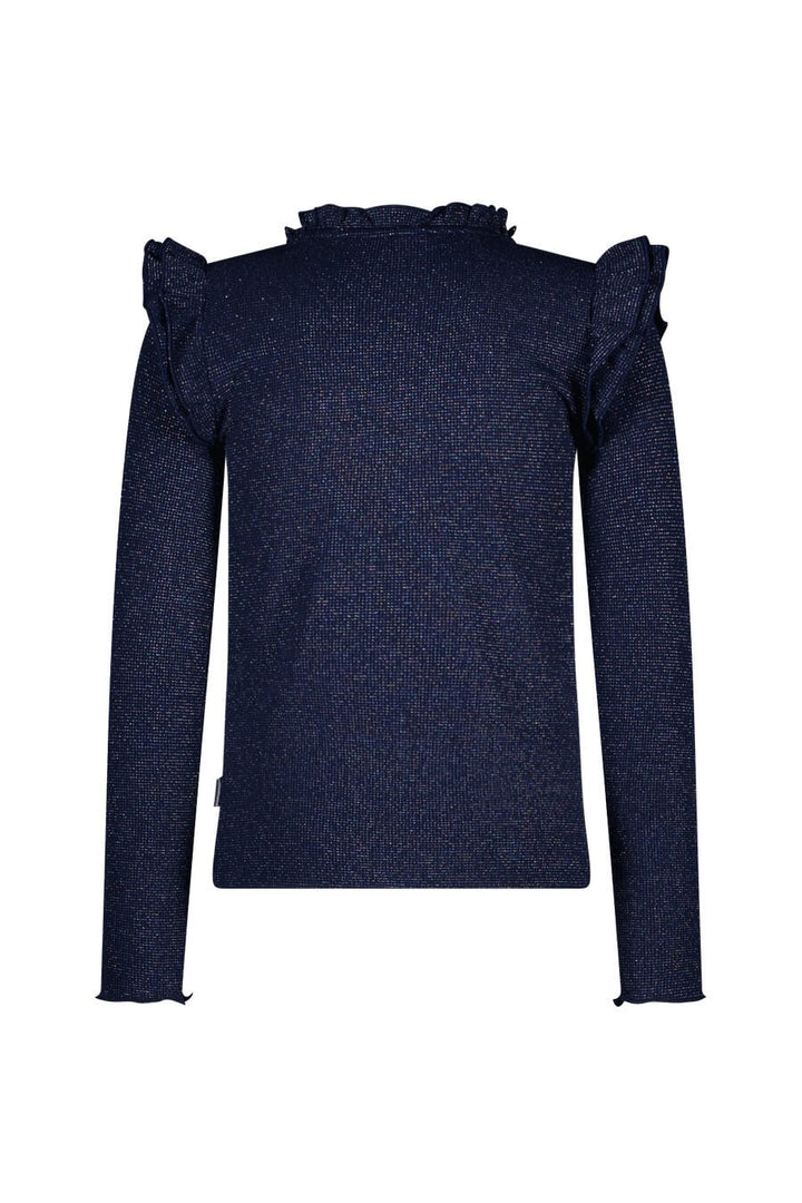 Back view of the navy blue long-sleeve top with ruffled shoulders on a white background