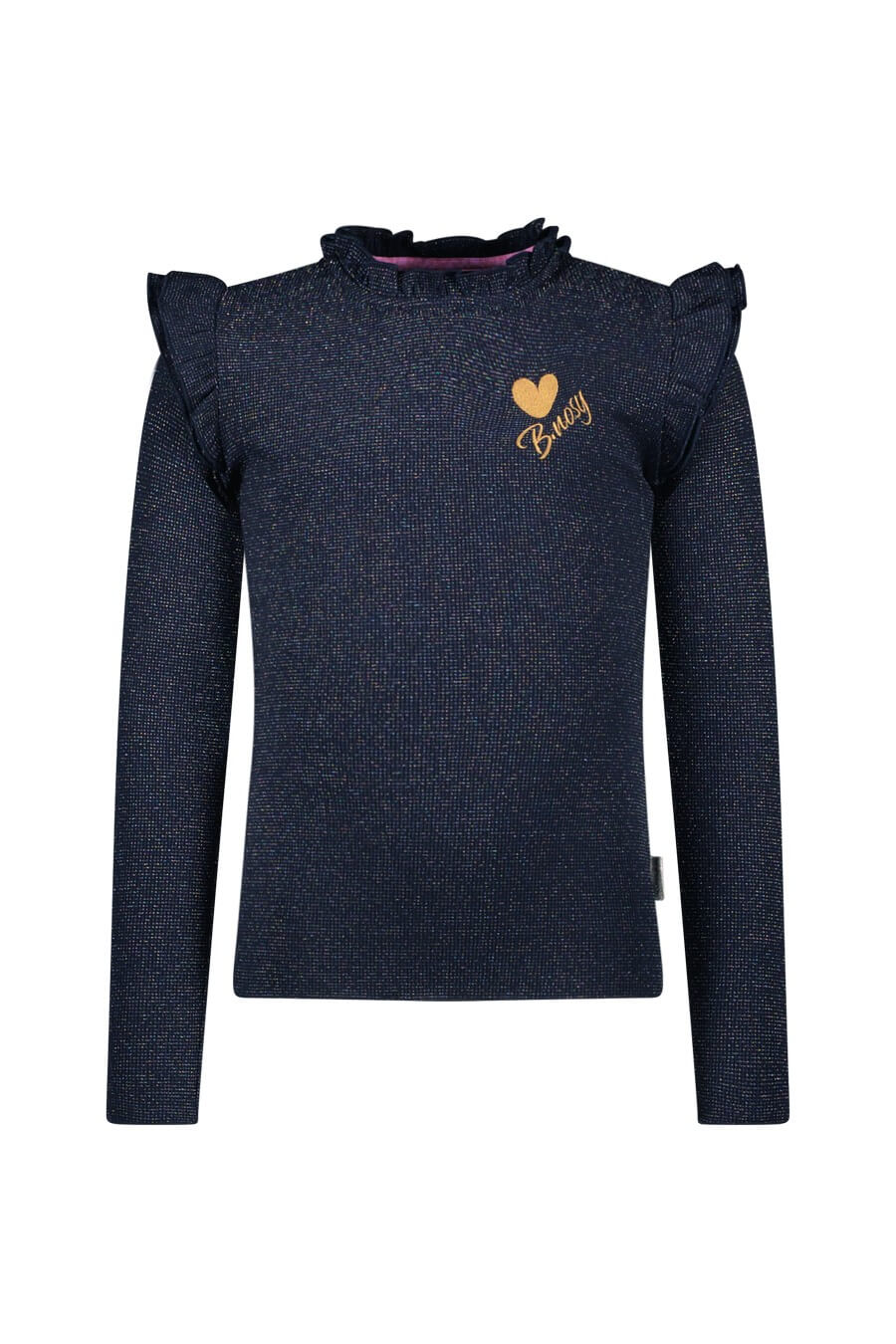 Navy blue long-sleeve top with ruffled shoulders and a heart logo on a white background