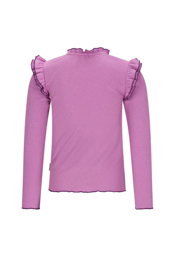 Back view of the purple long-sleeve top with ruffled details on a white background
