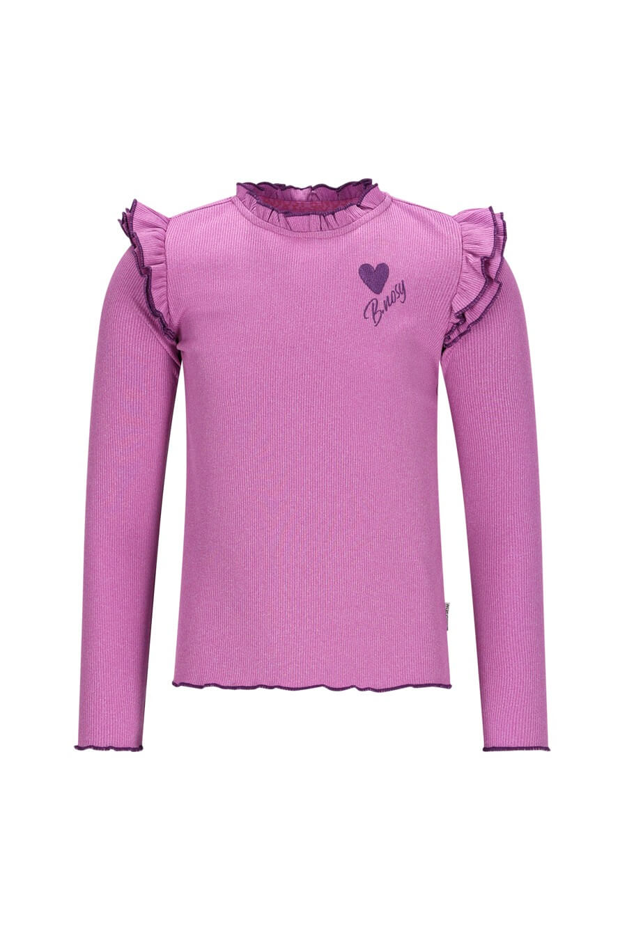 Purple long-sleeve shirt with ruffled sleeves on a white background