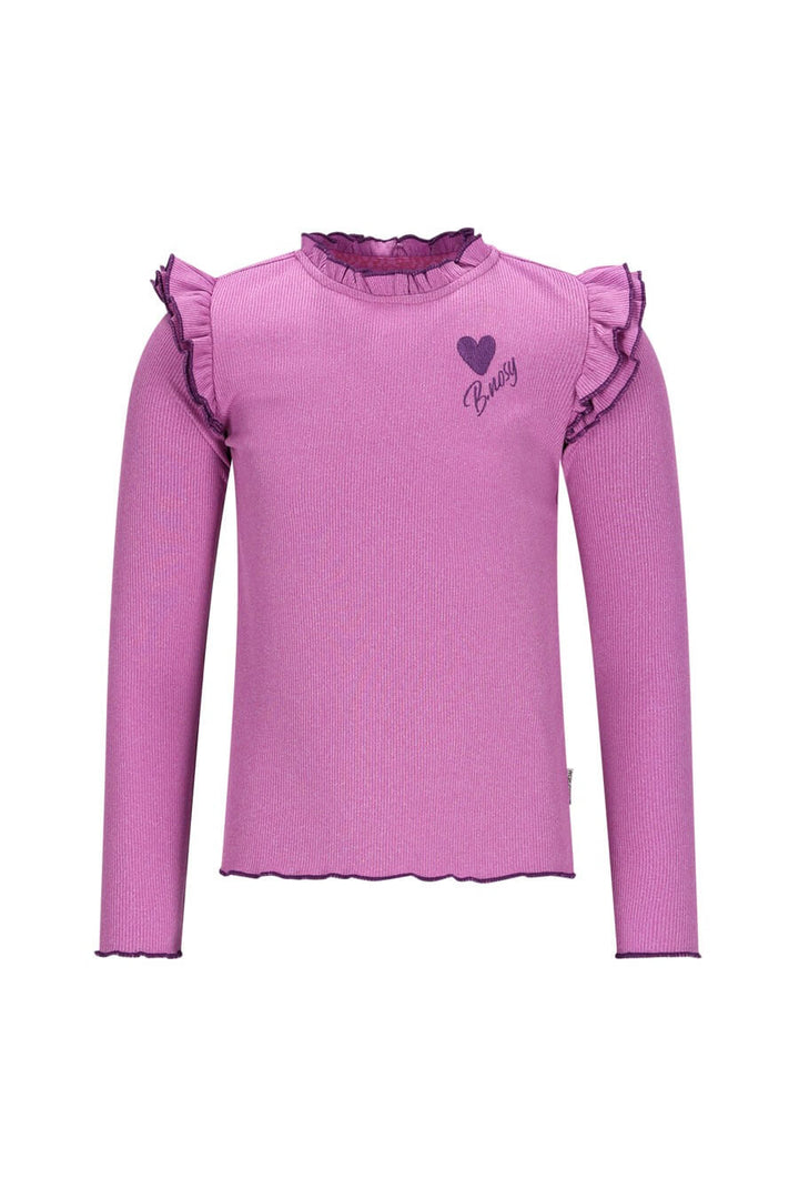 Purple long-sleeve shirt with ruffled sleeves on a white background