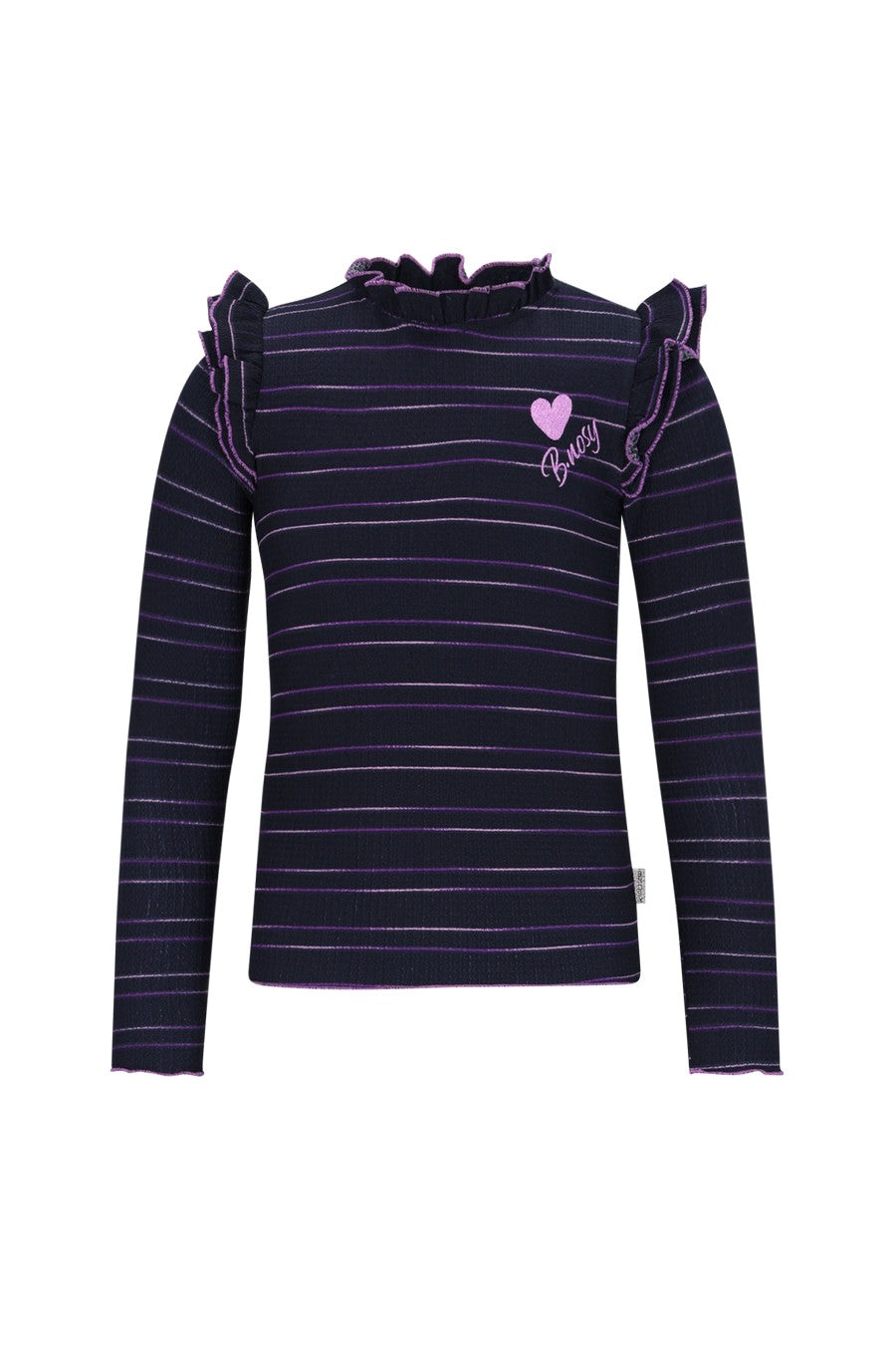 Navy striped long-sleeve shirt with ruffled shoulders and pink heart design on a white background