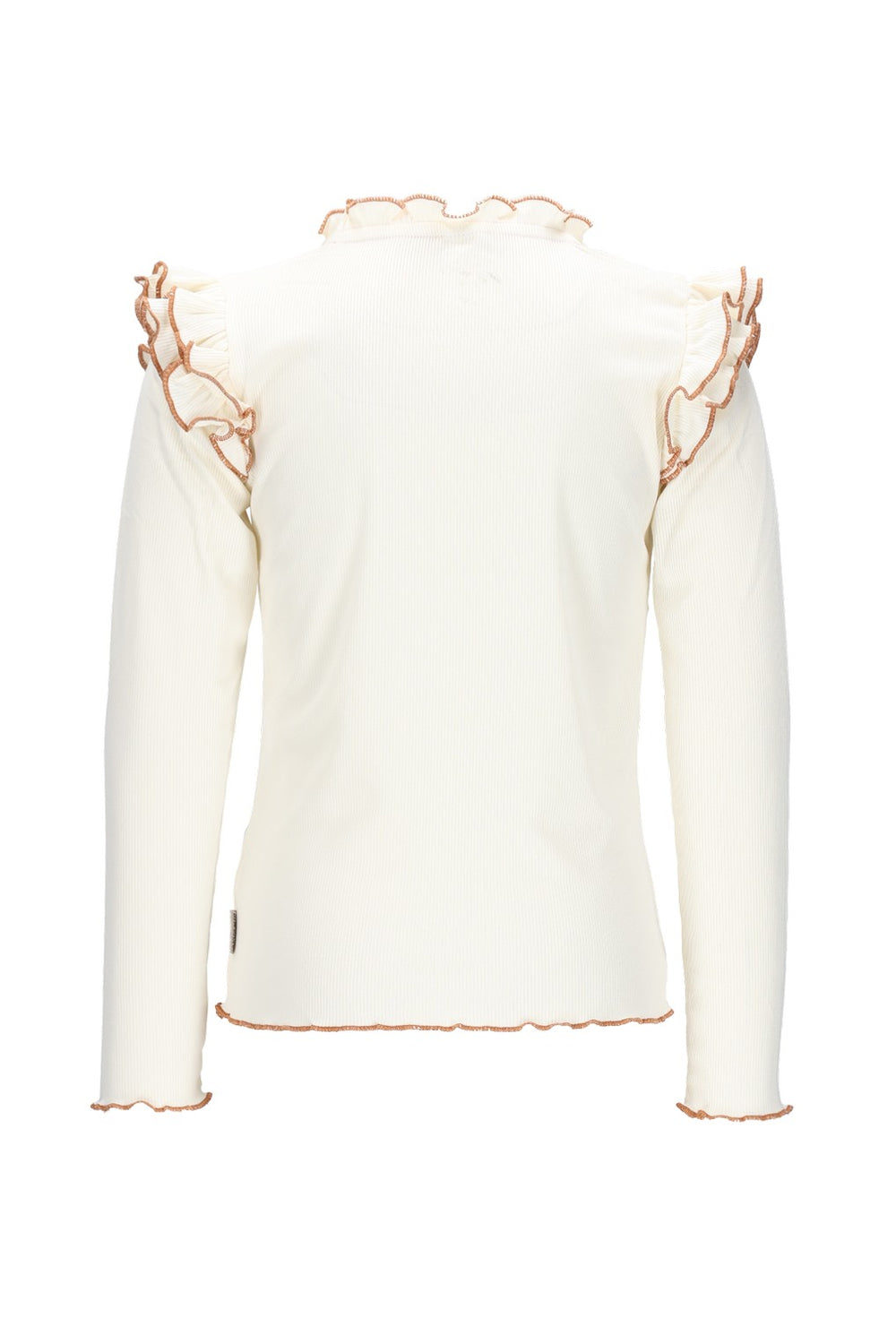 Back view of the white long-sleeve top with scalloped edges on a white background