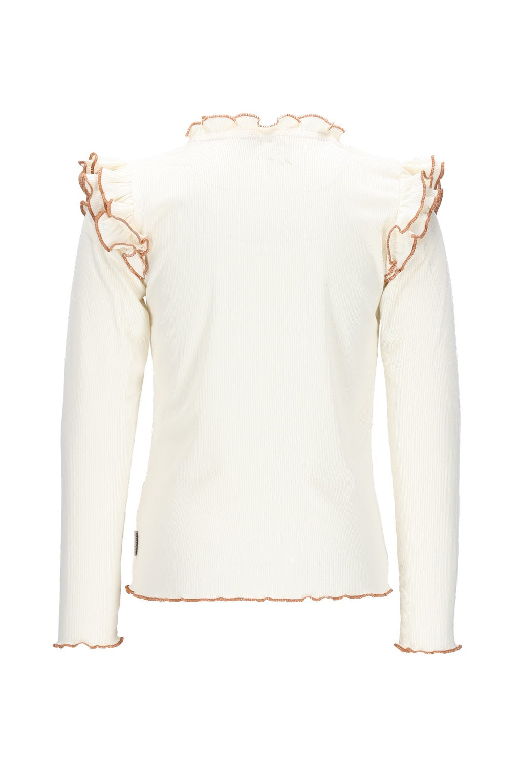 Back view of the white long-sleeve top with scalloped edges on a white background