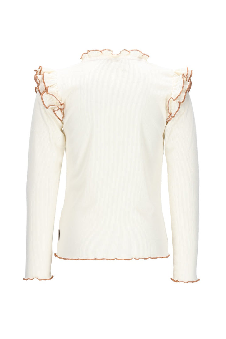 Back view of the white long-sleeve top with scalloped edges on a white background