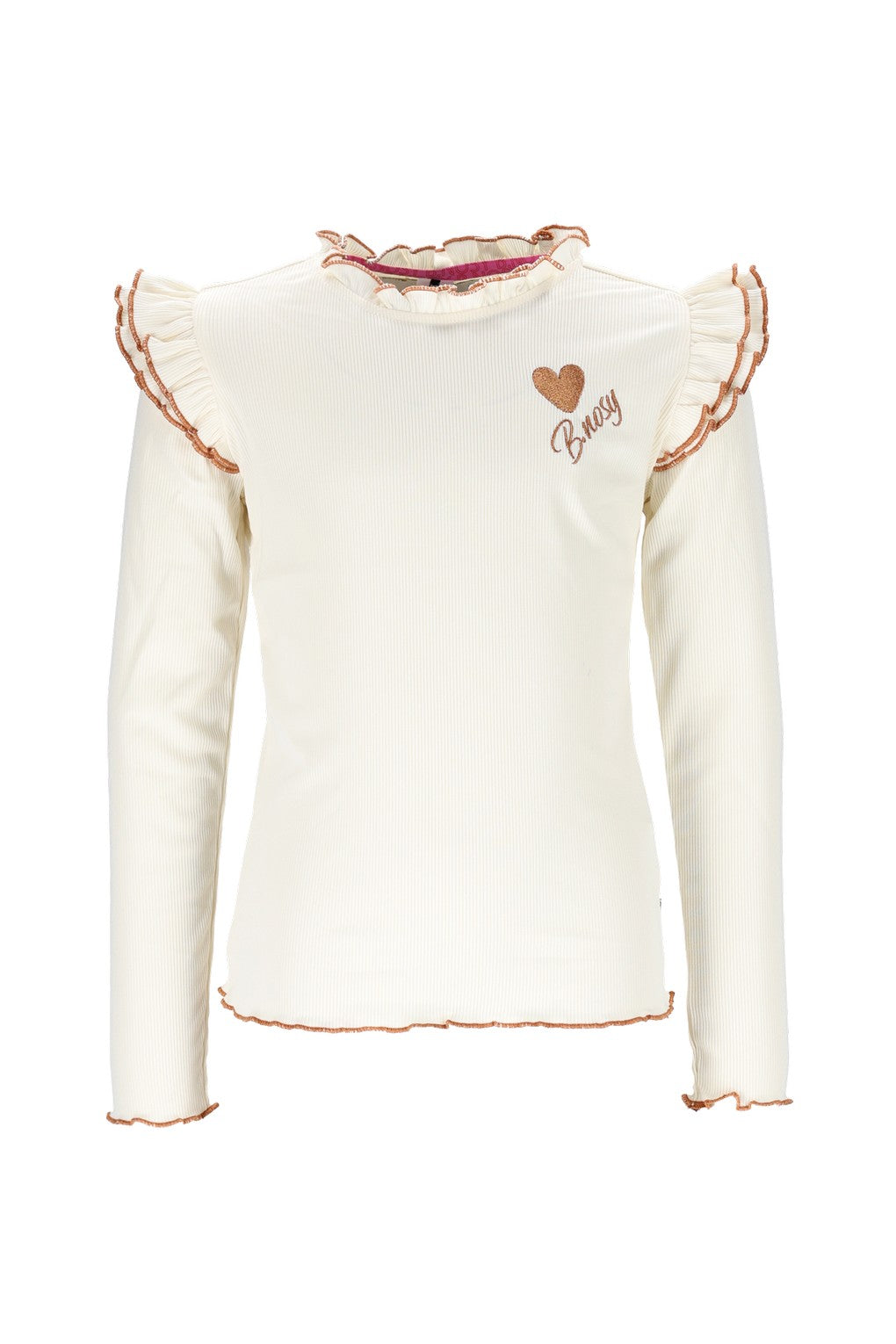 White long-sleeve top Tonya with ruffled details and brand name on a white background