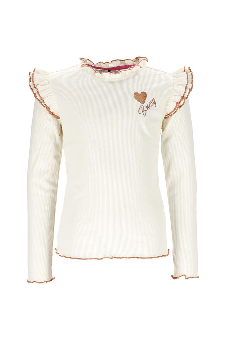 White long-sleeve top Tonya with ruffled details and brand name on a white background