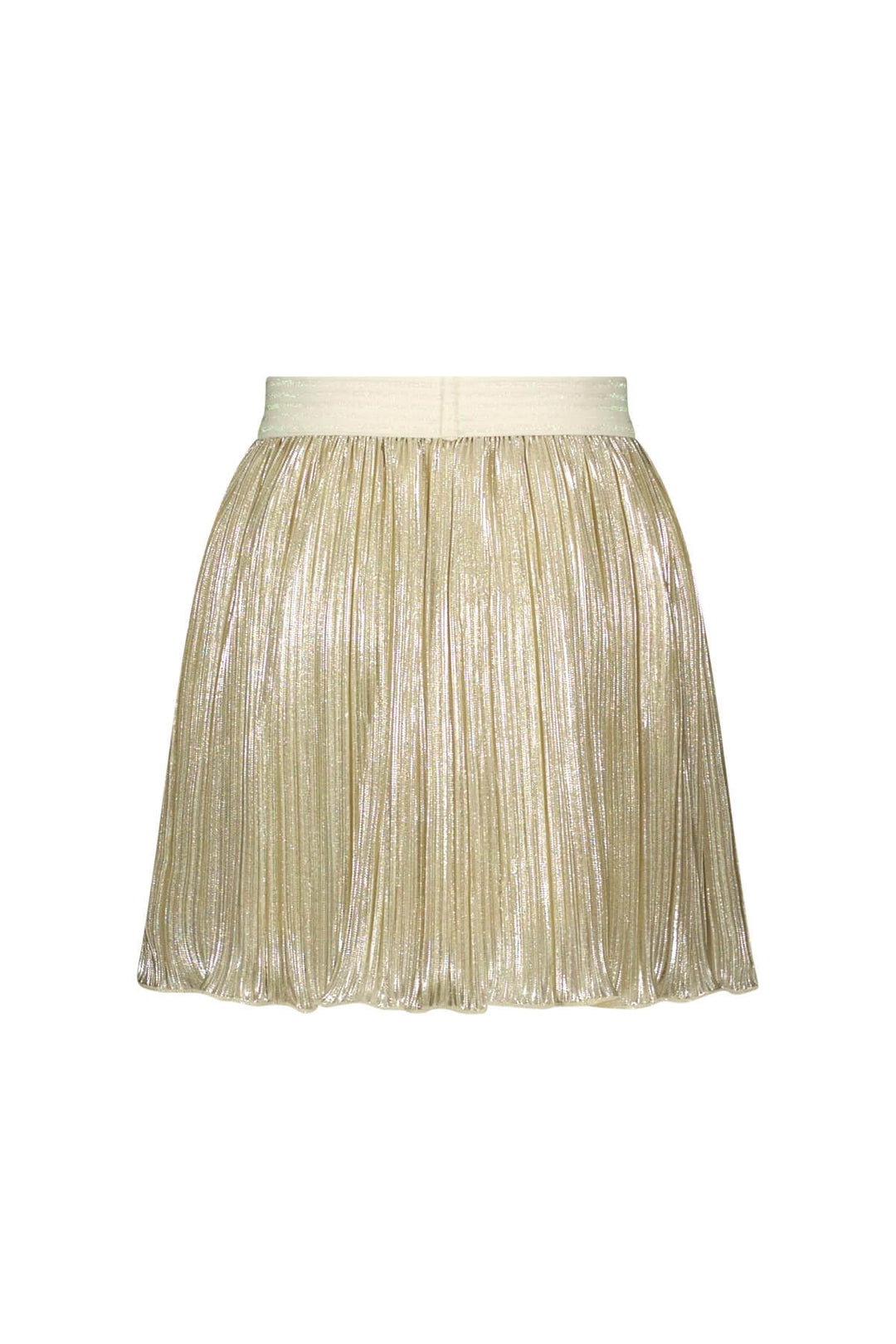 Back view of a metallic gold pleated skirt with a wide cream waistband, shown against a plain white background.