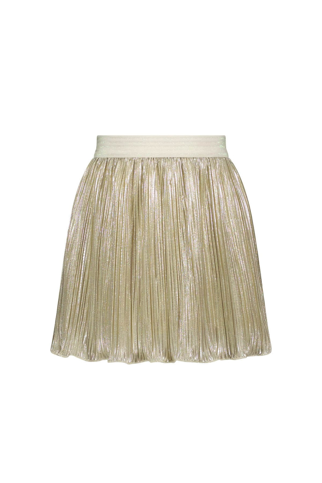 A metallic gold pleated skirt for girls with a wide elastic waistband, shown against a plain white background.