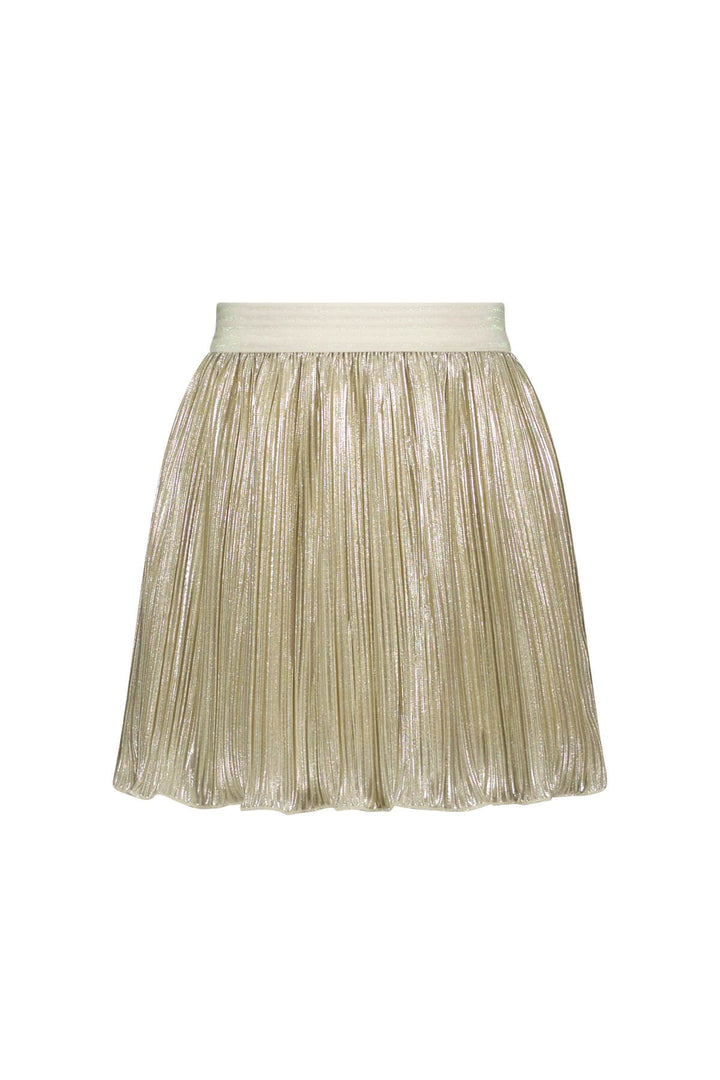 A metallic gold pleated skirt for girls with a wide elastic waistband, shown against a plain white background.
