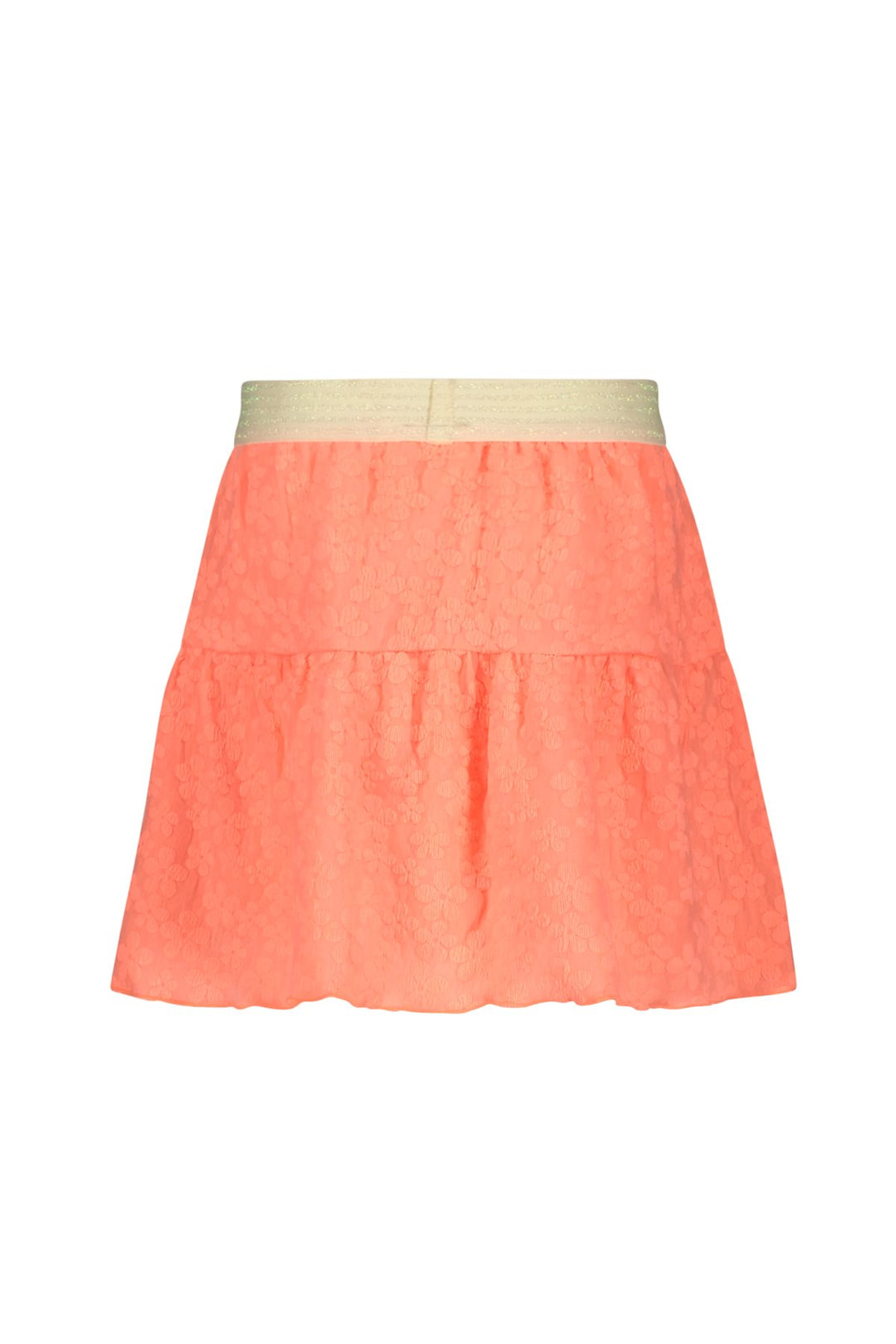 Back view of a neon orange tiered skirt with a textured fabric and a contrasting beige waistband, shown against a plain white background.