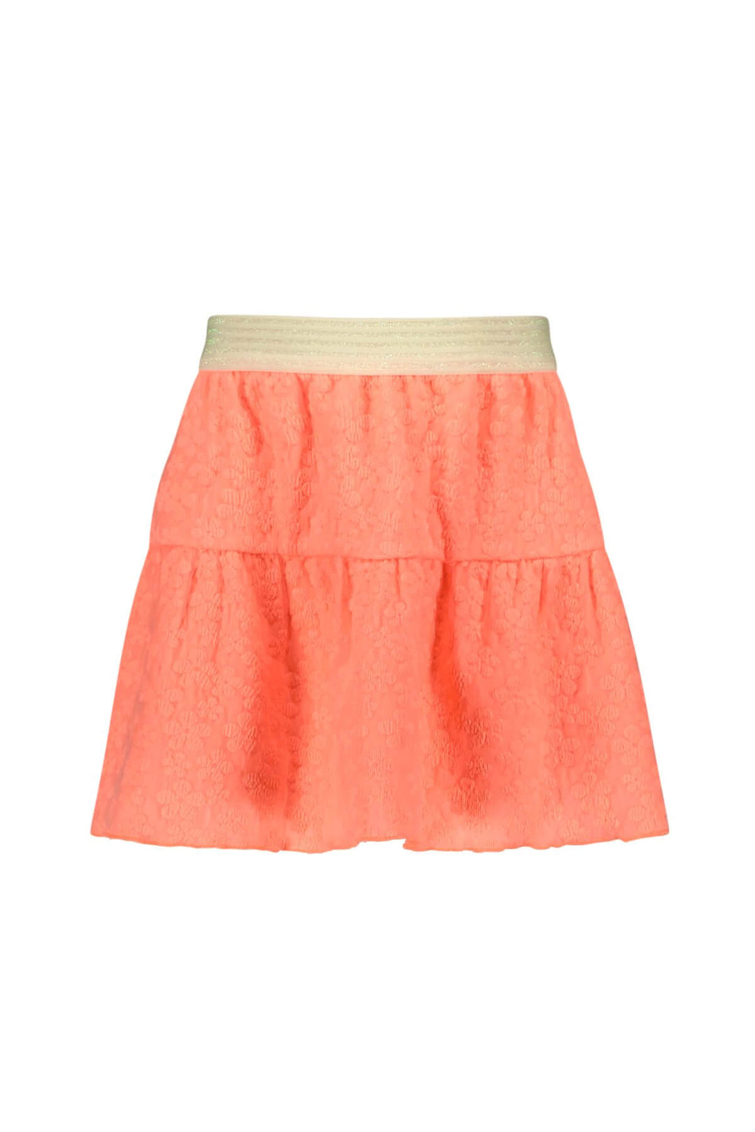 A neon orange tiered skirt with a beige elastic waistband, shown flat against a white background.