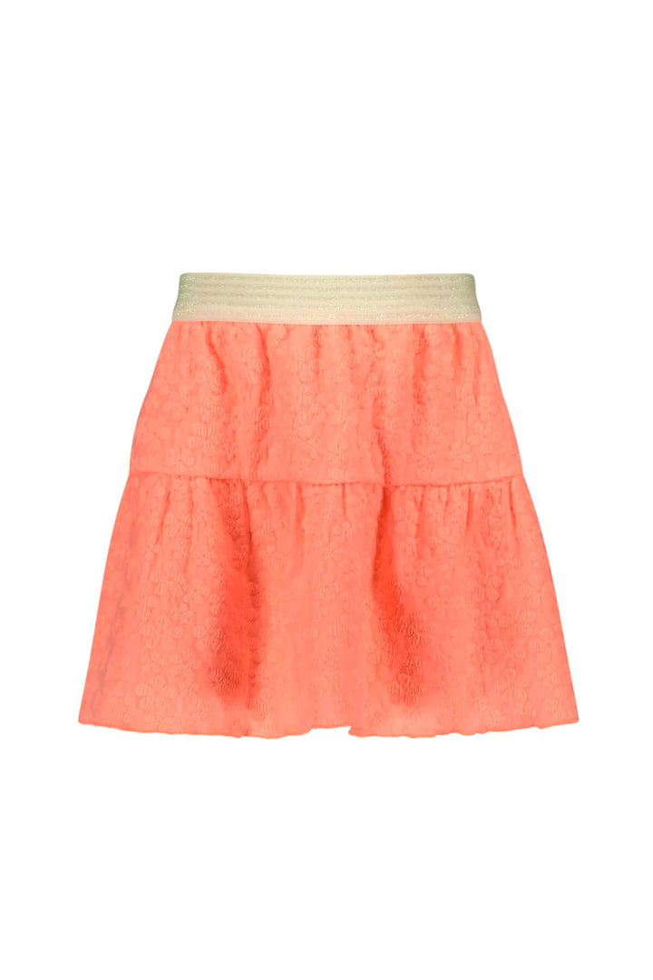 A neon orange tiered skirt with a beige elastic waistband, shown flat against a white background.