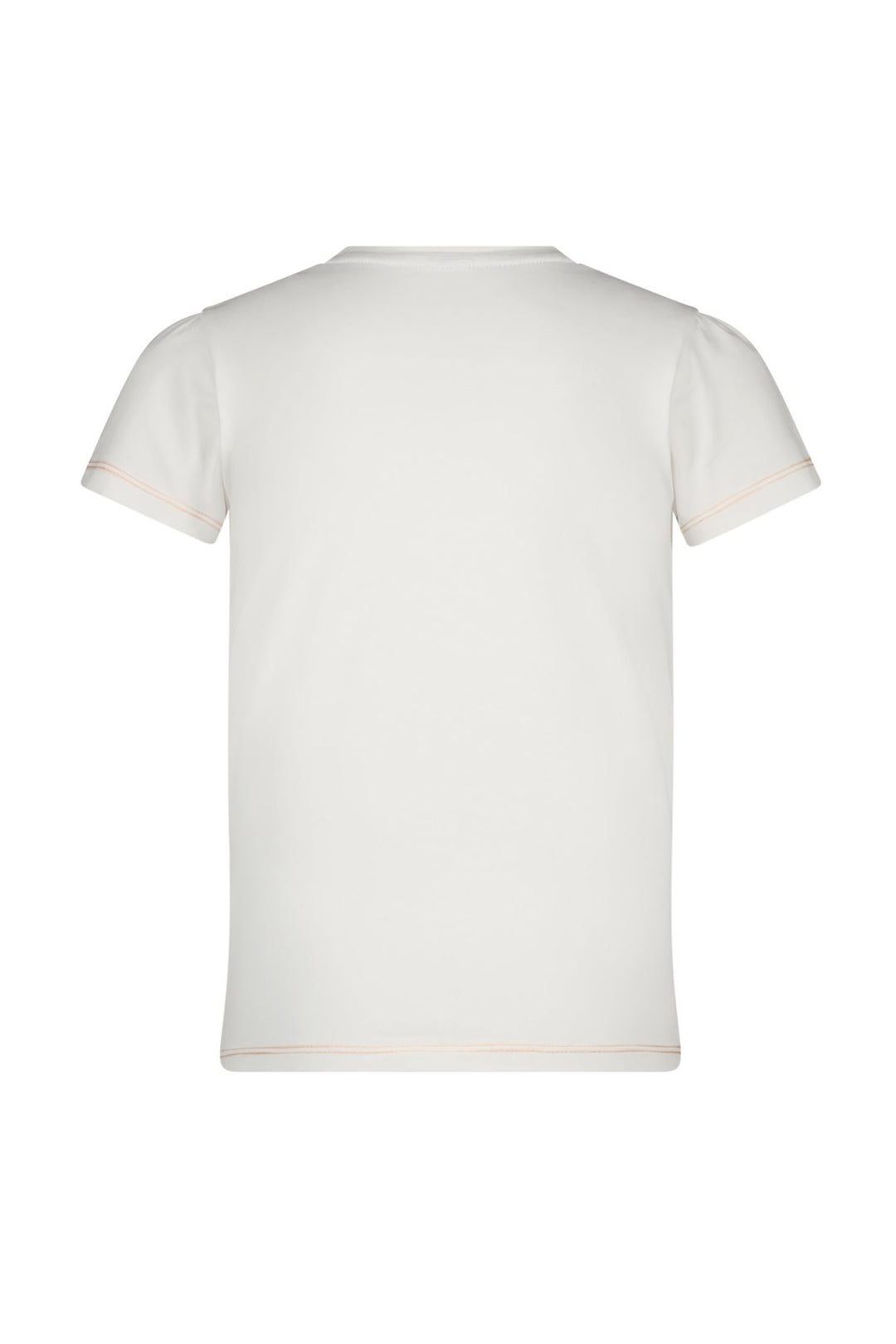 A plain white short-sleeve crewneck t-shirt shown from the back, featuring subtle light pink contrast stitching along the collar, sleeve hems, and bottom edge, set against a solid white background.