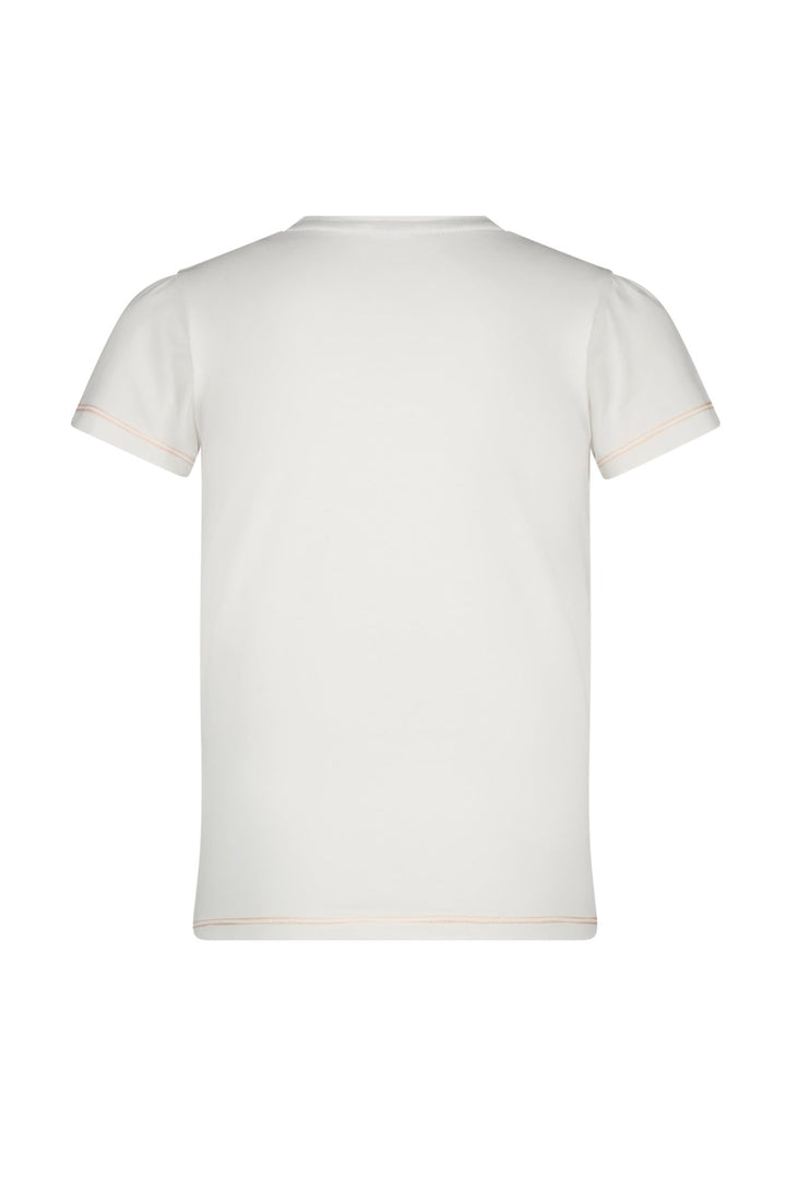A plain white short-sleeve crewneck t-shirt shown from the back, featuring subtle light pink contrast stitching along the collar, sleeve hems, and bottom edge, set against a solid white background.