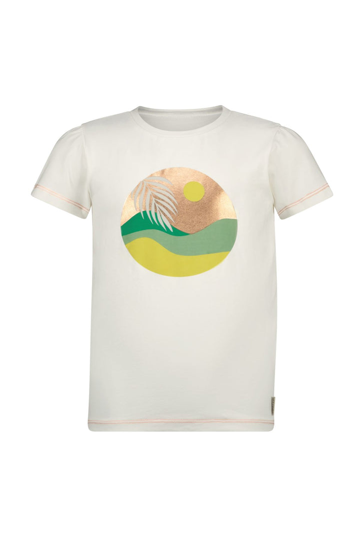 An white short-sleeve crewneck t-shirt with a circular graphic on the chest depicting a stylized landscape with green hills, a yellow sun, and a palm leaf on a gold background. The shirt has subtle pink piping along the collar and sleeve cuffs.