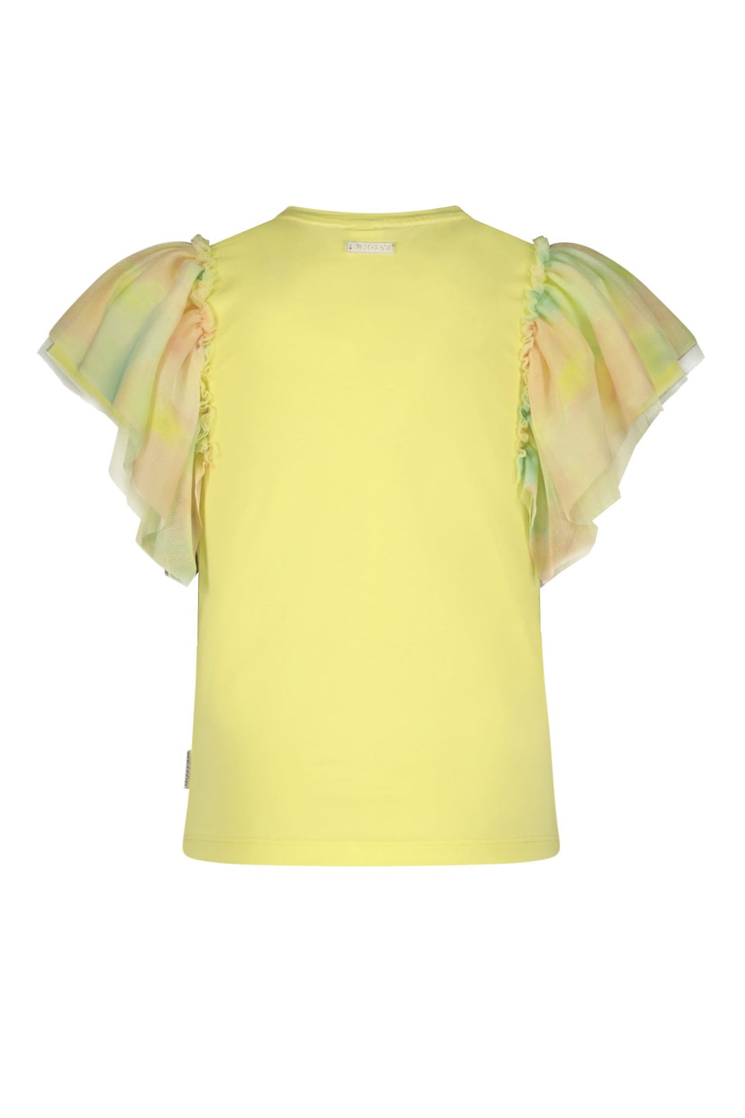 A pale yellow short-sleeve top with sheer, ruffled flutter sleeves featuring a pastel multicolor tie-dye pattern, shown against a plain white background.