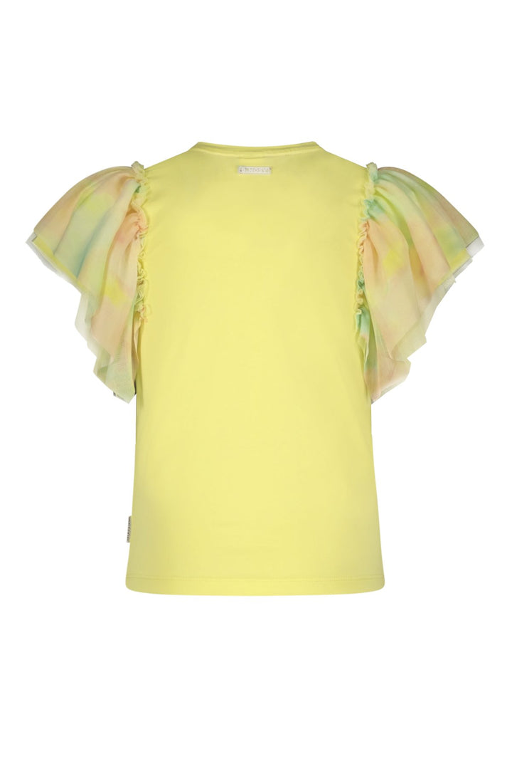 A pale yellow short-sleeve top with sheer, ruffled flutter sleeves featuring a pastel multicolor tie-dye pattern, shown against a plain white background.
