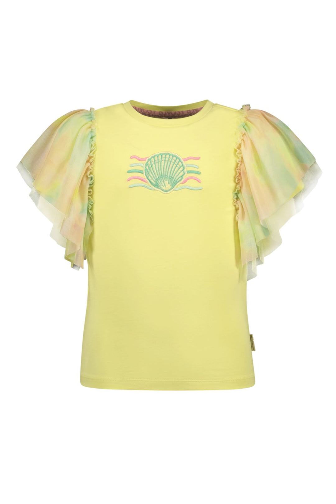 A yellow short-sleeve t-shirt for girls, featuring sheer ruffled sleeves in pastel green, pink, and yellow, and a pastel seashell graphic on the chest.