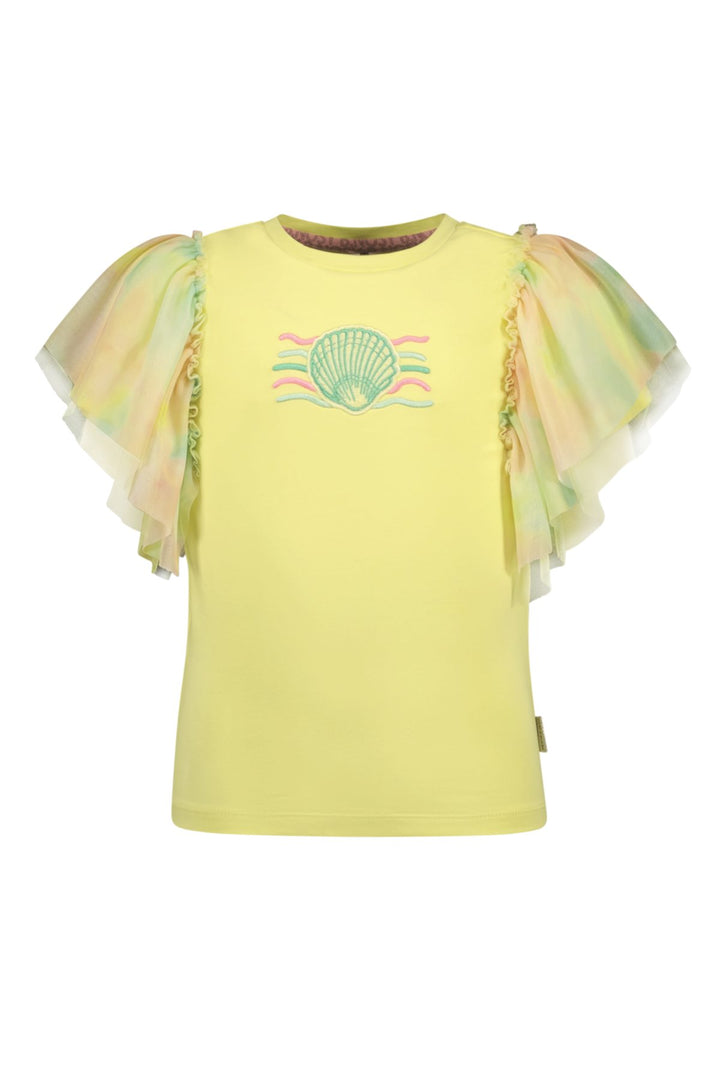 A yellow short-sleeve t-shirt for girls, featuring sheer ruffled sleeves in pastel green, pink, and yellow, and a pastel seashell graphic on the chest.