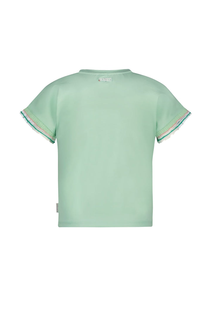 A mint green short-sleeve t-shirt shown from the back, featuring subtle striped detailing on the sleeve cuffs and a small brand label at the inner neck.