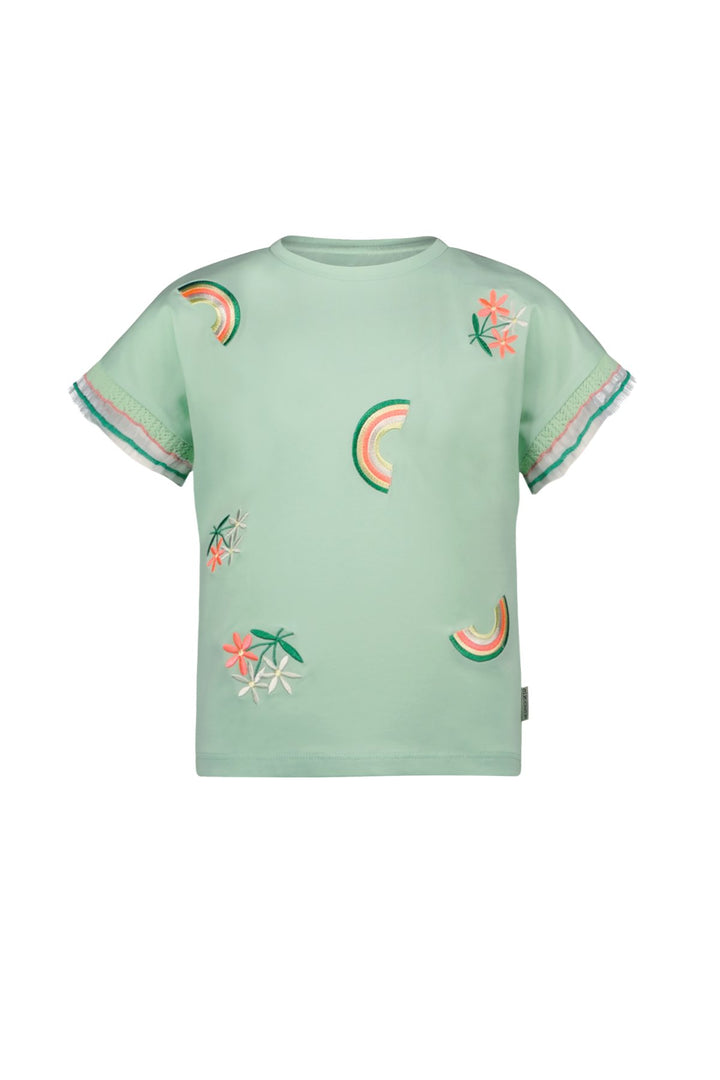 A mint green short-sleeve t-shirt for girls, featuring embroidered tropical motifs including watermelons, flowers, and a palm tree, with striped trim on the sleeves.